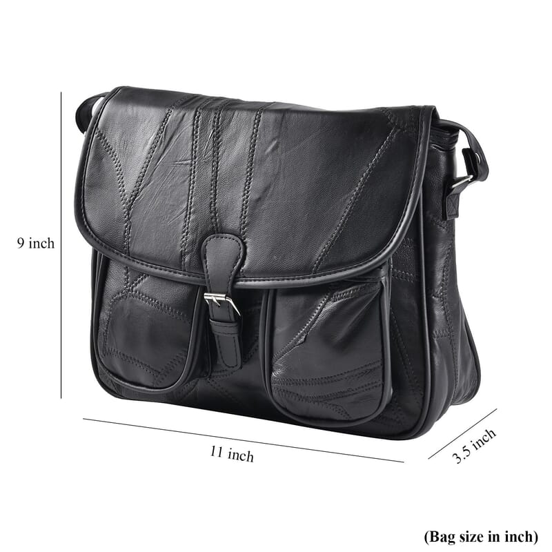 Black Patch Work Sheep Leather Crossbody Bag with Faux Leather Trim with Adjustable Shoulder Strap