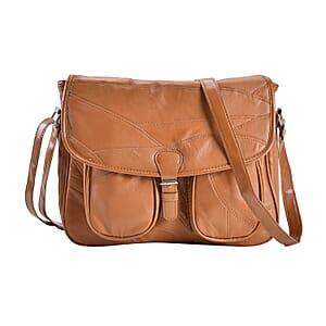 Tan Patch Work Sheep Leather Crossbody Bag with Faux Leather Trim with Adjustable Shoulder Strap
