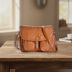 Tan Patch Work Sheep Leather Crossbody Bag with Faux Leather Trim with Adjustable Shoulder Strap