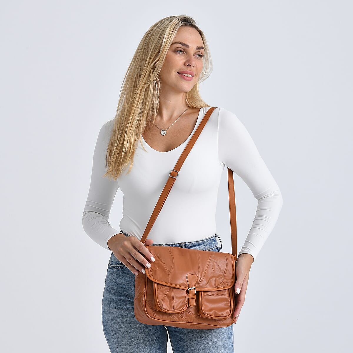 Tan Patch Work Sheep Leather Crossbody Bag with Faux Leather Trim with Adjustable Shoulder Strap image number 2
