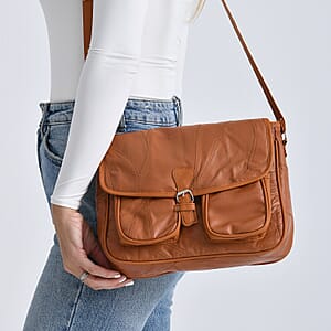 Tan Patch Work Sheep Leather Crossbody Bag with Faux Leather Trim with Adjustable Shoulder Strap