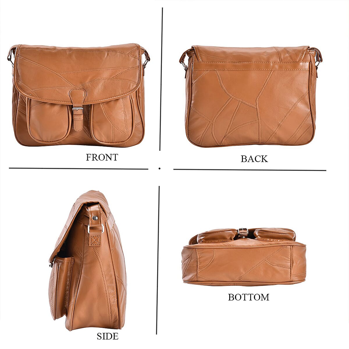 Tan Patch Work Sheep Leather Crossbody Bag with Faux Leather Trim with Adjustable Shoulder Strap image number 4