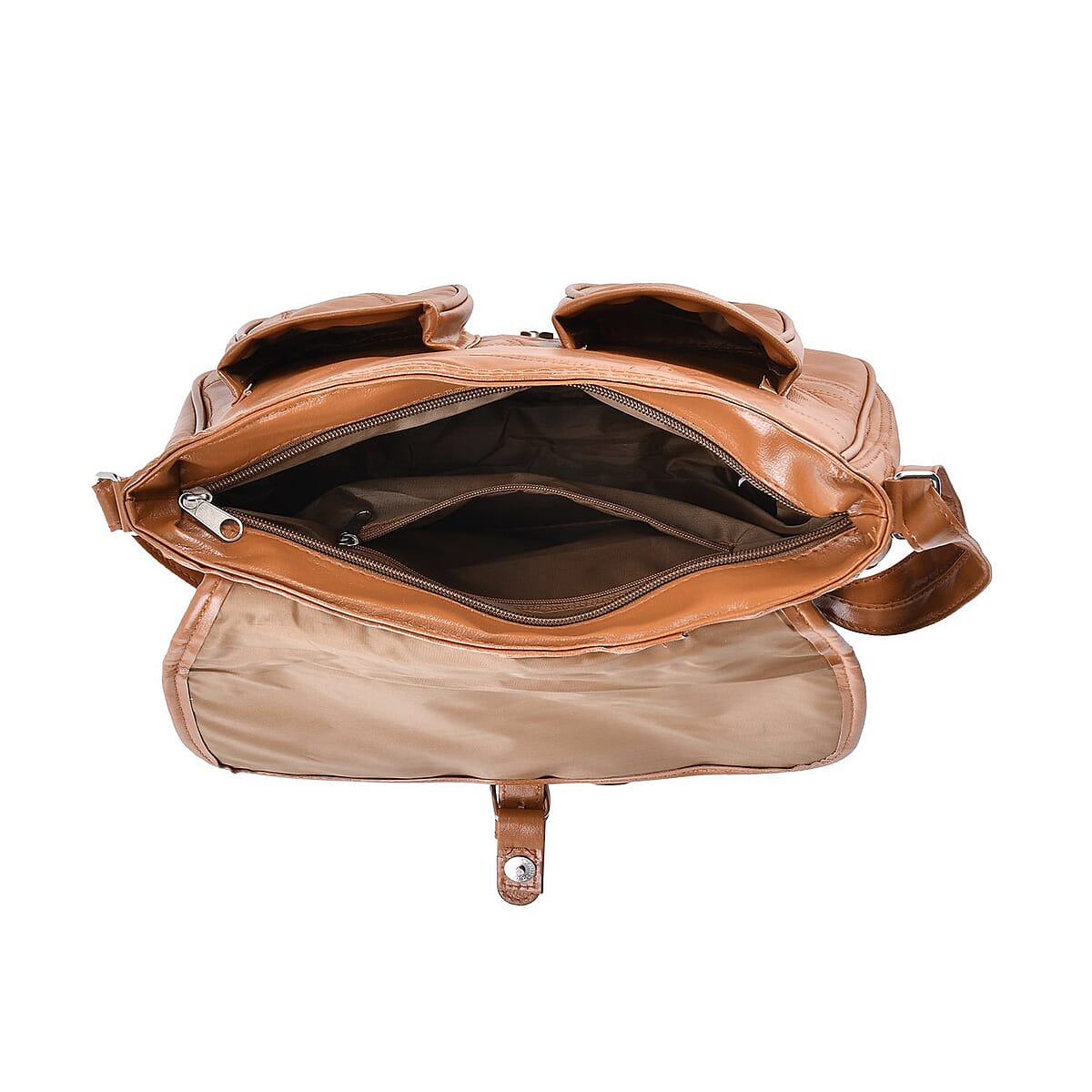 Tan Patch Work Sheep Leather Crossbody Bag with Faux Leather Trim with Adjustable Shoulder Strap image number 5