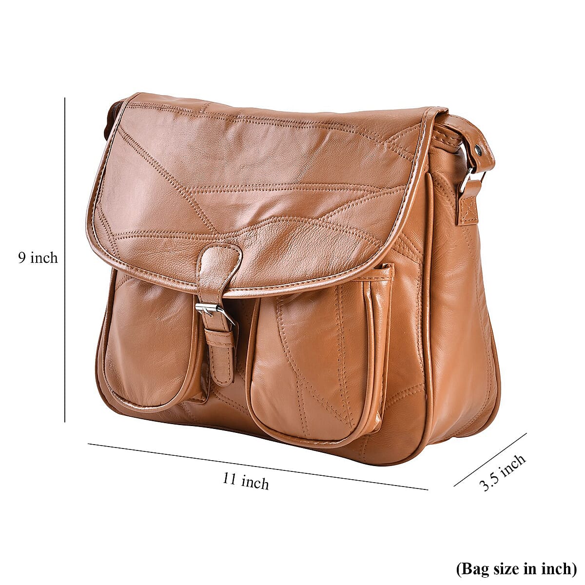 Tan Patch Work Sheep Leather Crossbody Bag with Faux Leather Trim with Adjustable Shoulder Strap image number 7