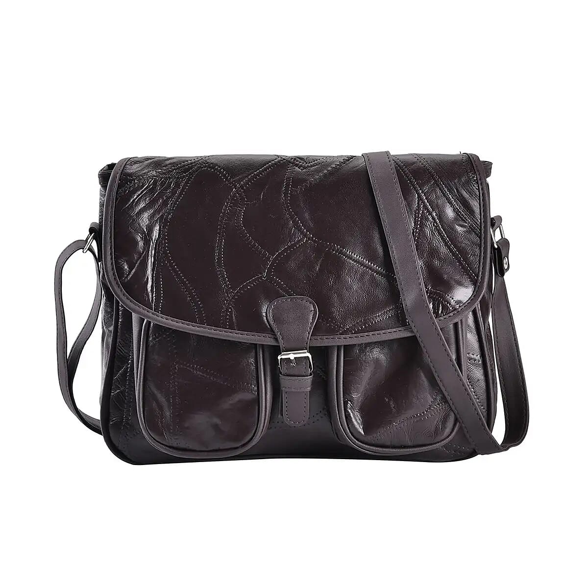 Brown Patch Work Sheep Leather Crossbody Bag with Faux Leather Trim with Adjustable Shoulder Strap image number 0