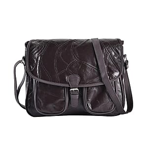 Brown Patch Work Sheep Leather Crossbody Bag with Faux Leather Trim with Adjustable Shoulder Strap