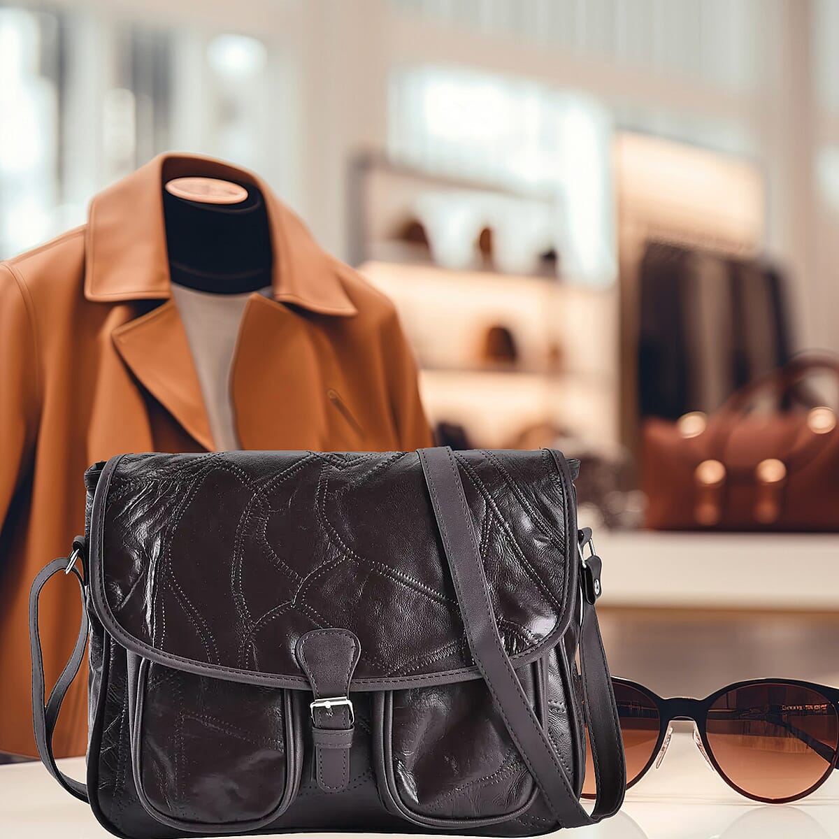 Brown Patch Work Sheep Leather Crossbody Bag with Faux Leather Trim with Adjustable Shoulder Strap image number 1