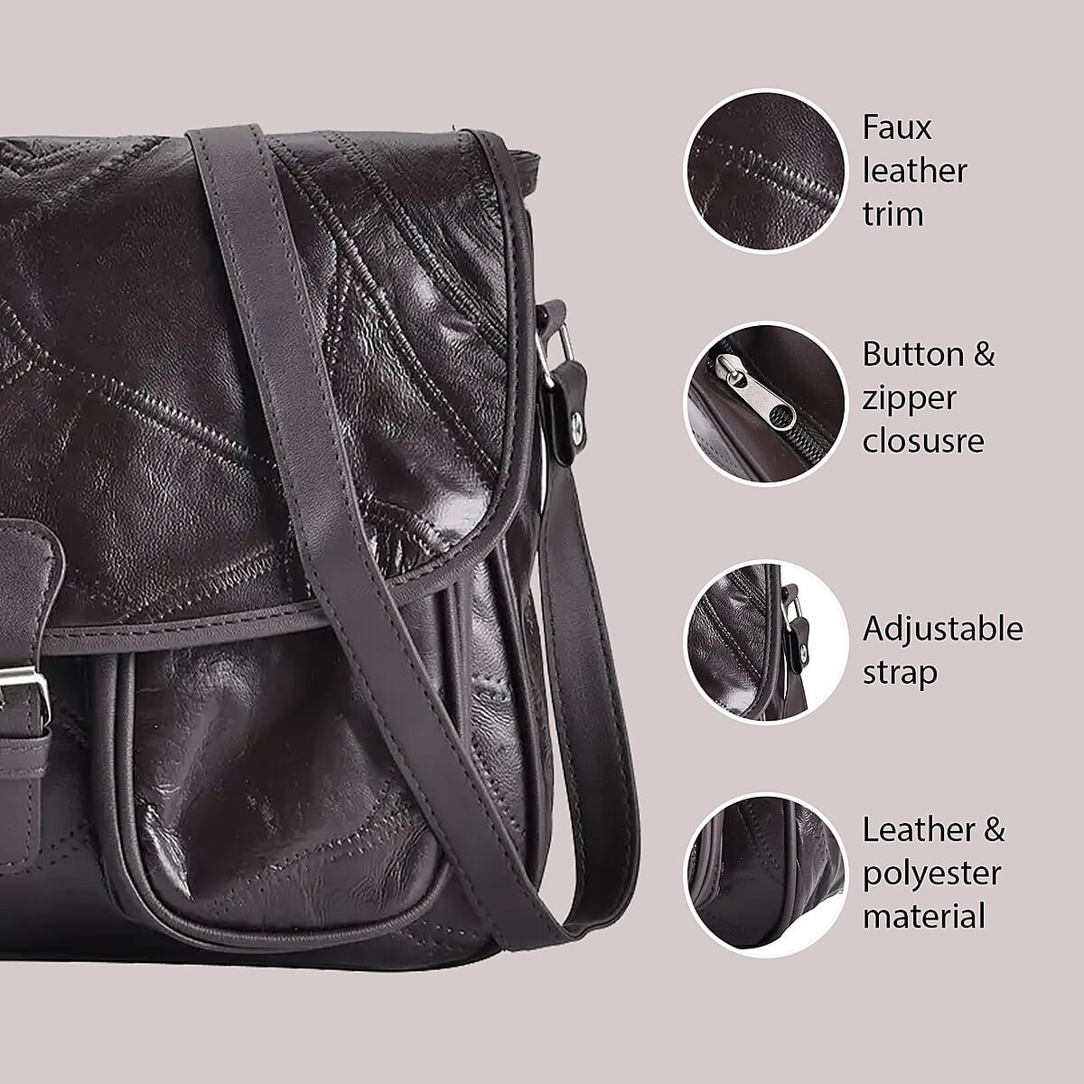 Brown Patch Work Sheep Leather Crossbody Bag with Faux Leather Trim with Adjustable Shoulder Strap image number 3