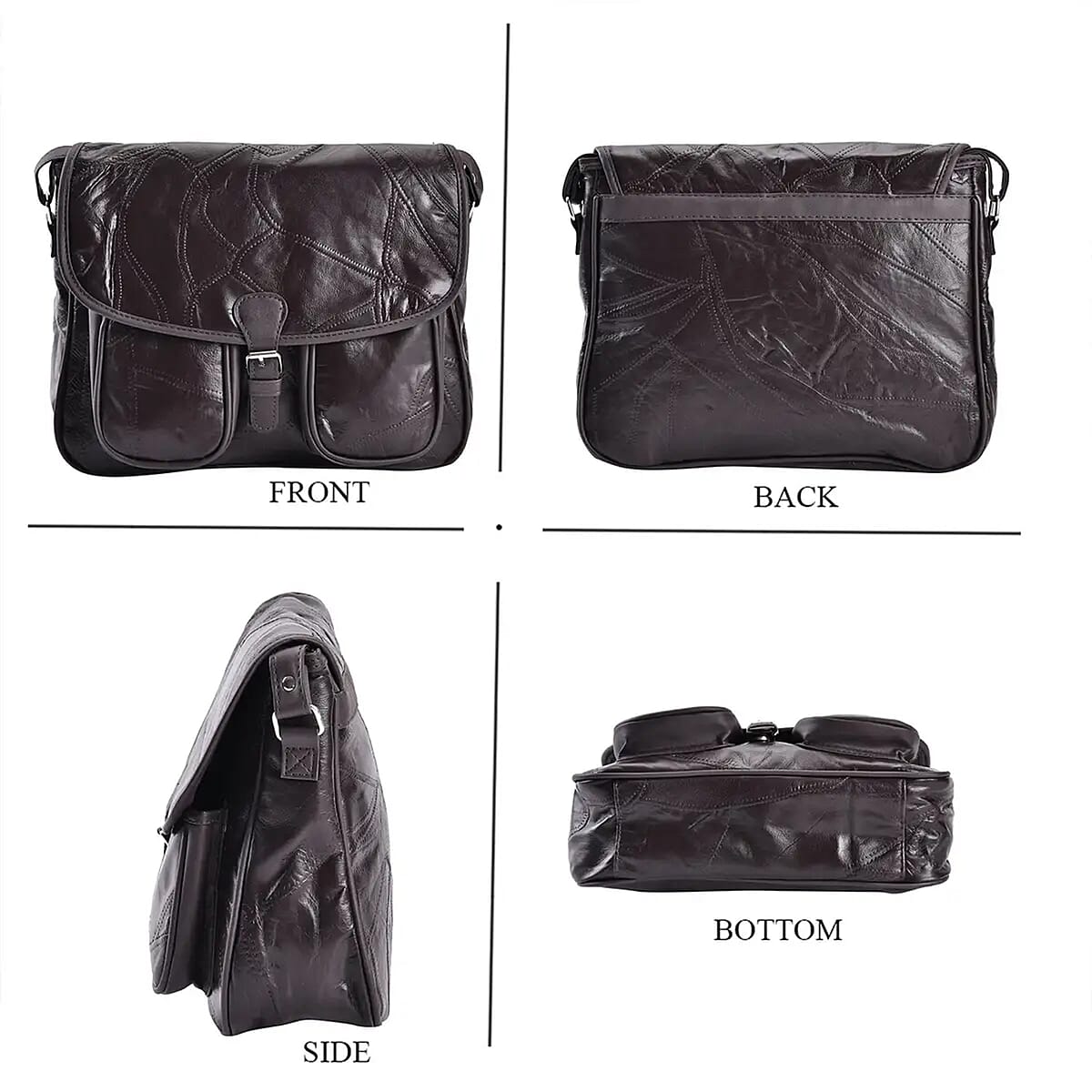 Brown Patch Work Sheep Leather Crossbody Bag with Faux Leather Trim with Adjustable Shoulder Strap image number 6