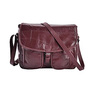 Burgundy Patch Work Sheep Leather Crossbody Bag with Faux Leather Trim with Adjustable Shoulder Strap