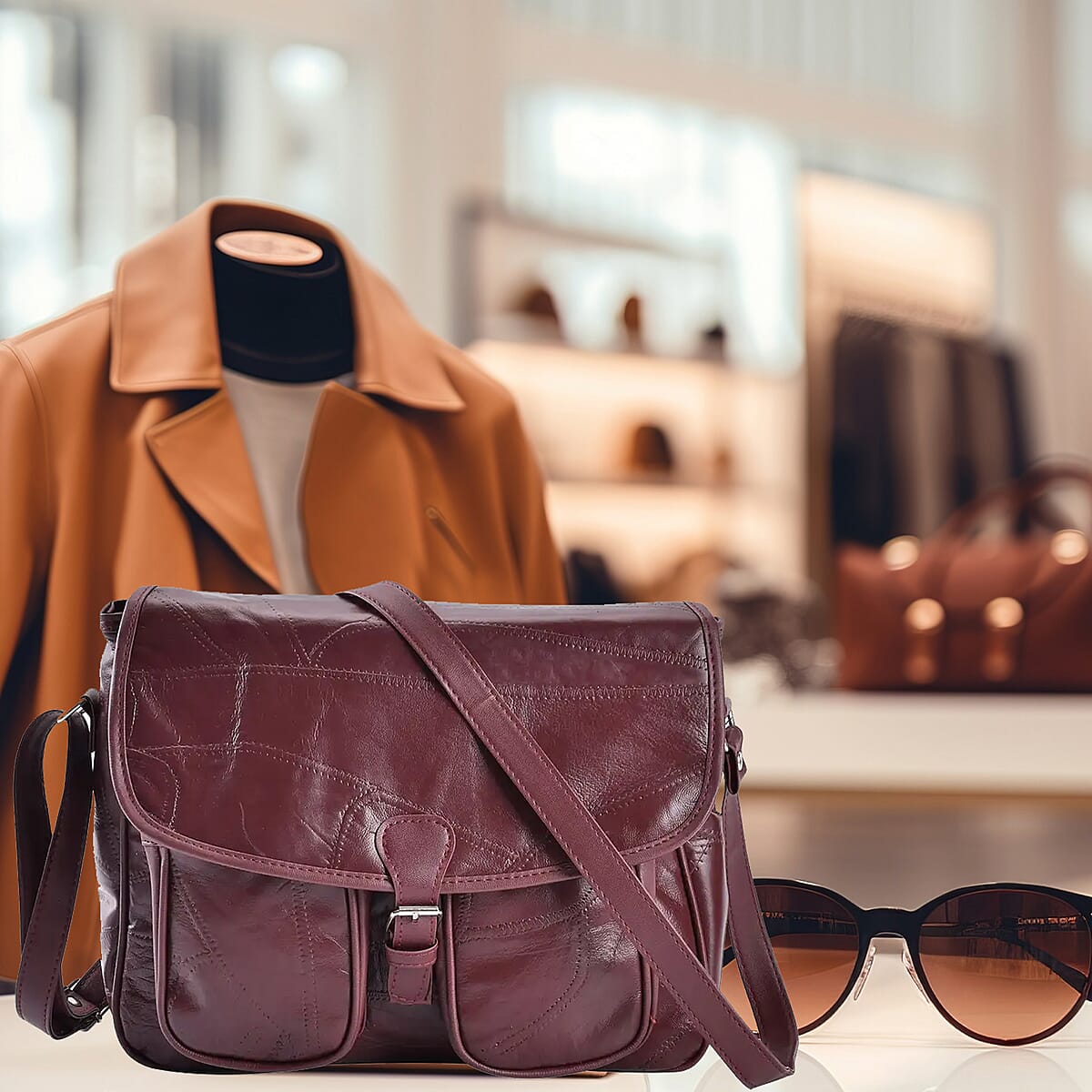 Burgundy Patch Work Sheep Leather Crossbody Bag with Faux Leather Trim with Adjustable Shoulder Strap image number 1