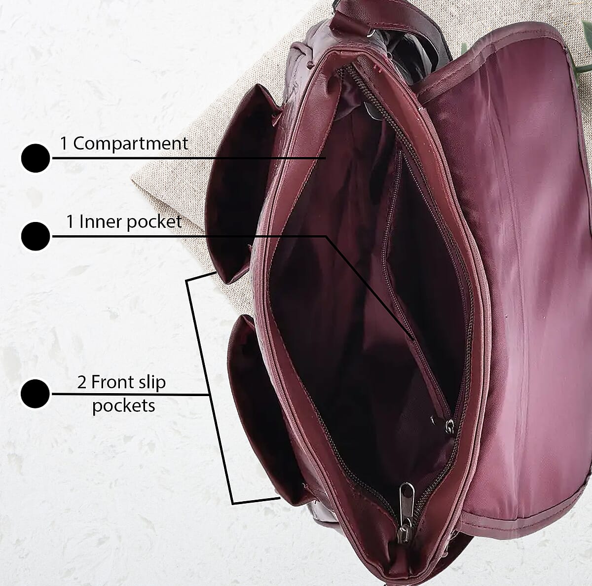 Burgundy Patch Work Sheep Leather Crossbody Bag with Faux Leather Trim with Adjustable Shoulder Strap image number 2