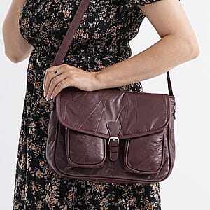 Burgundy Patch Work Sheep Leather Crossbody Bag with Faux Leather Trim with Adjustable Shoulder Strap
