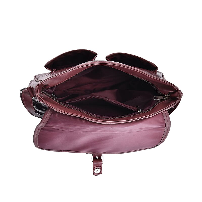 Burgundy Patch Work Sheep Leather Crossbody Bag with Faux Leather Trim with Adjustable Shoulder Strap