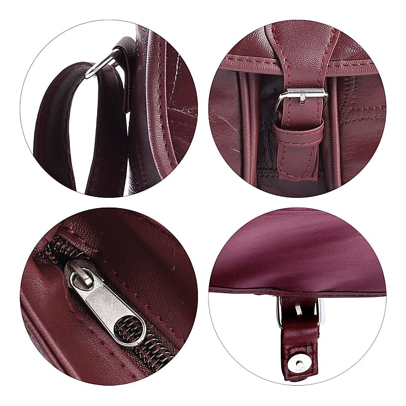 Burgundy Patch Work Sheep Leather Crossbody Bag with Faux Leather Trim with Adjustable Shoulder Strap