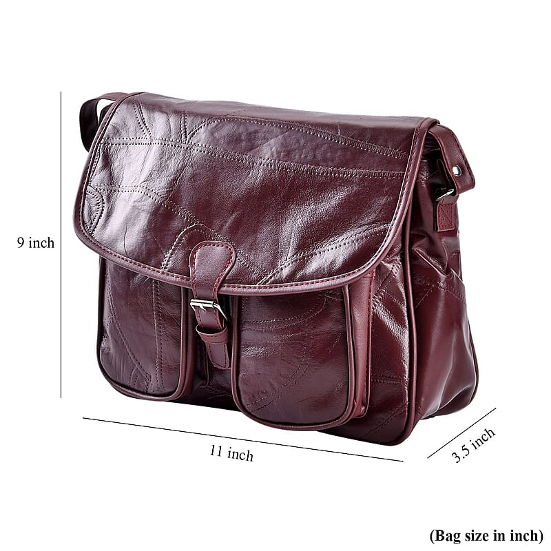 Burgundy Patch Work Sheep Leather Crossbody Bag with Faux Leather Trim with Adjustable Shoulder Strap