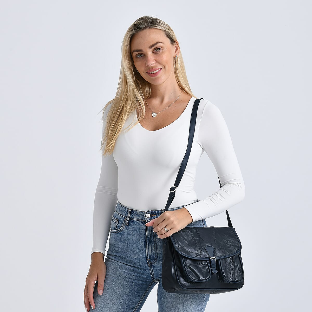 Blue Patch Work Sheep Leather Crossbody Bag with Faux Leather Trim with Adjustable Shoulder Strap image number 2