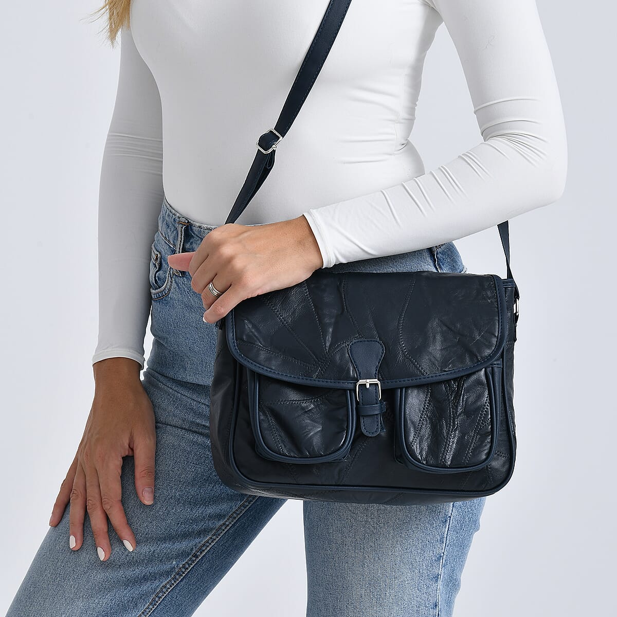 Blue Patch Work Sheep Leather Crossbody Bag with Faux Leather Trim with Adjustable Shoulder Strap image number 3