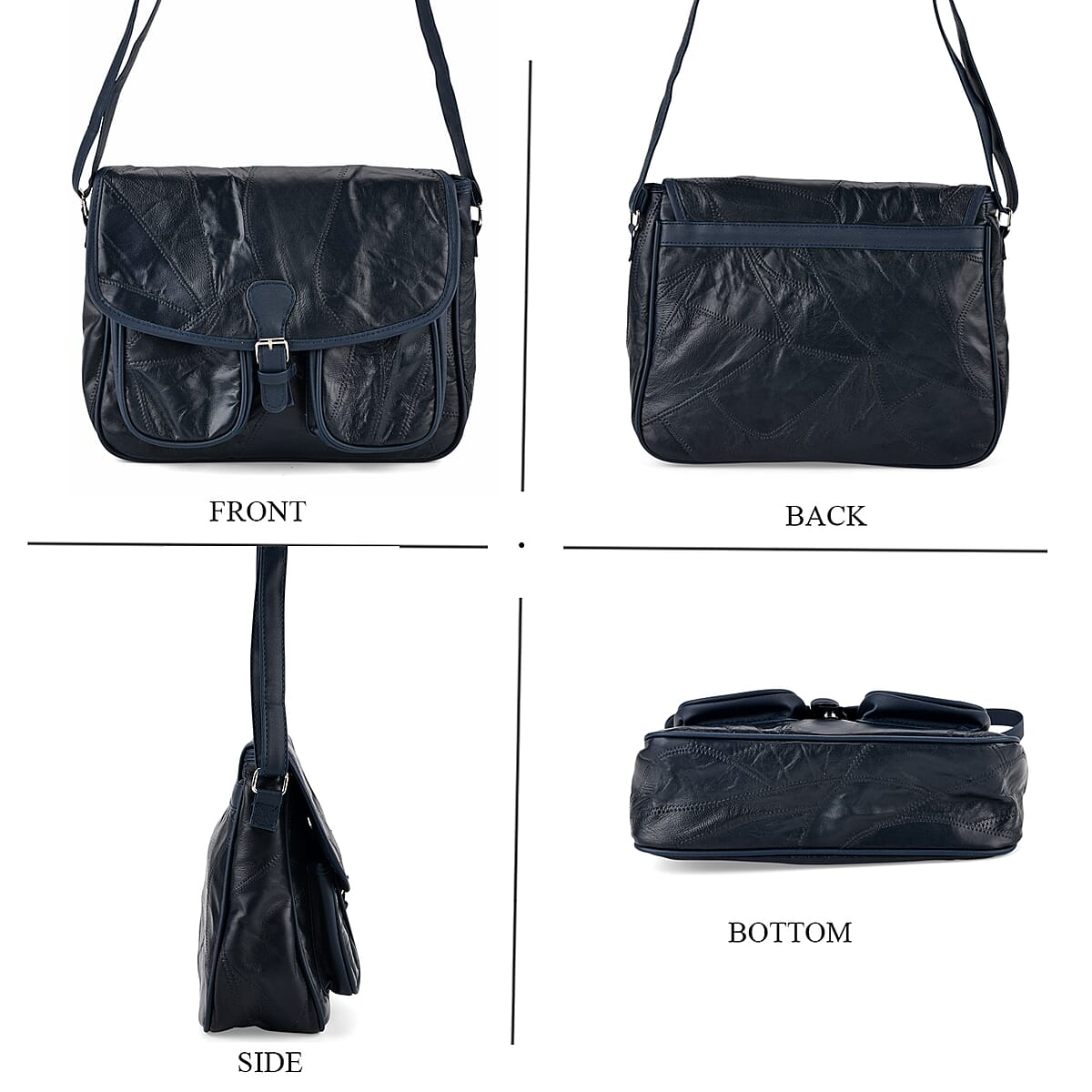 Blue Patch Work Sheep Leather Crossbody Bag with Faux Leather Trim with Adjustable Shoulder Strap image number 4