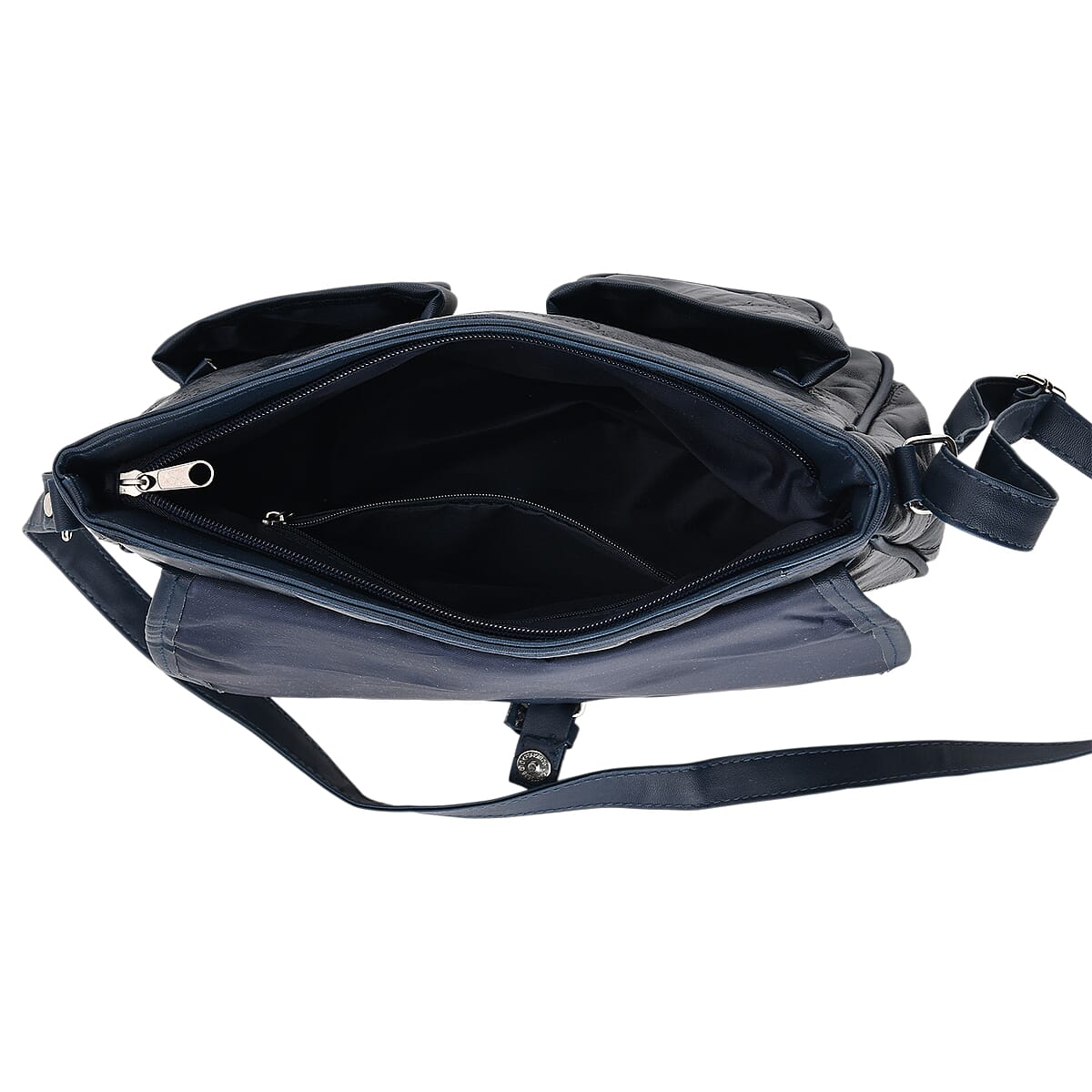 Blue Patch Work Sheep Leather Crossbody Bag with Faux Leather Trim with Adjustable Shoulder Strap image number 5