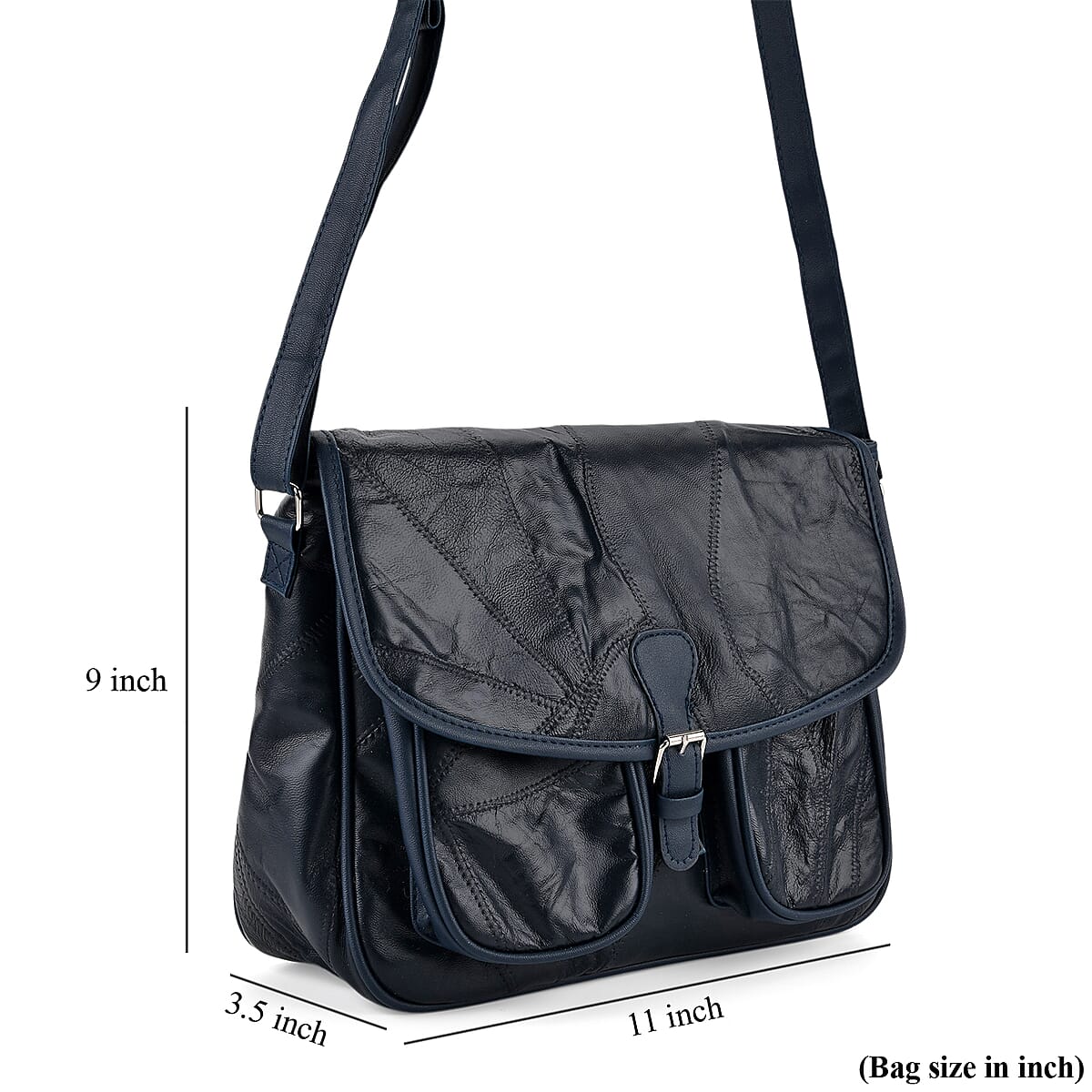 Blue Patch Work Sheep Leather Crossbody Bag with Faux Leather Trim with Adjustable Shoulder Strap image number 7