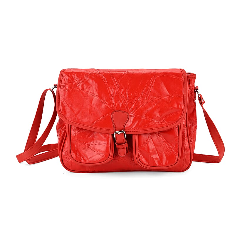 Red Patch Work Sheep Leather Crossbody Bag with Faux Leather Trim with Adjustable Shoulder Strap