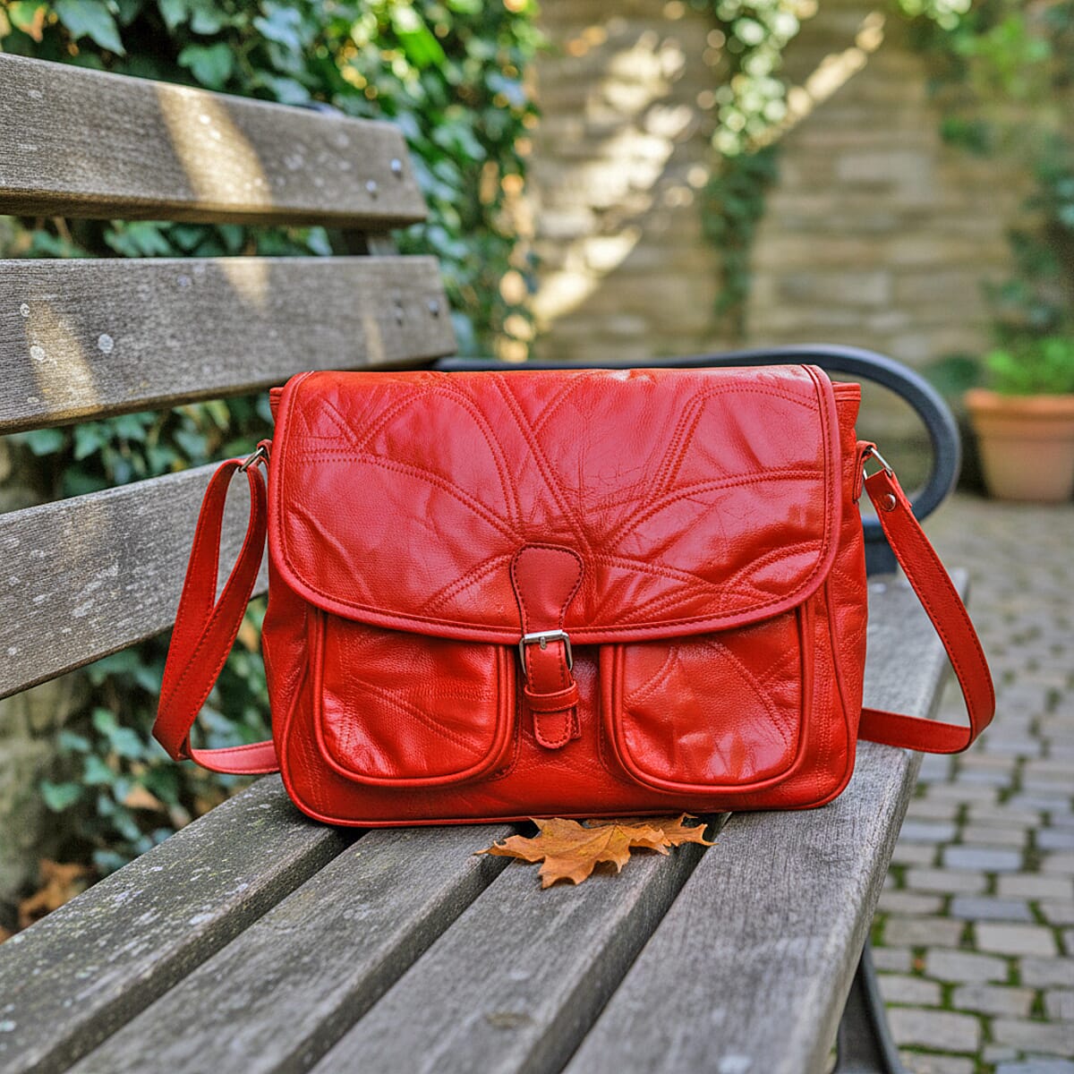 Red Patch Work Sheep Leather Crossbody Bag with Faux Leather Trim with Adjustable Shoulder Strap image number 1