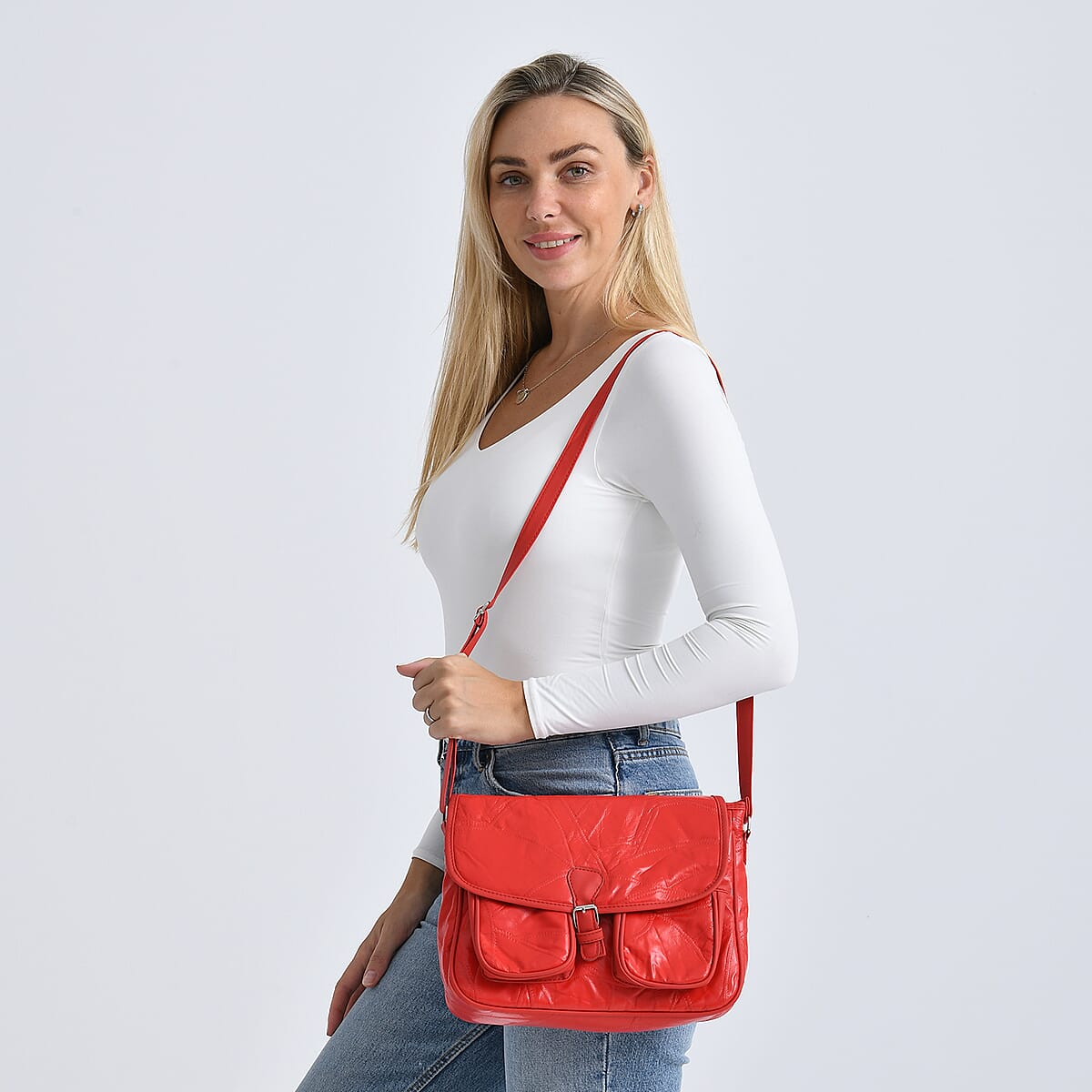 Red Patch Work Sheep Leather Crossbody Bag with Faux Leather Trim with Adjustable Shoulder Strap image number 2
