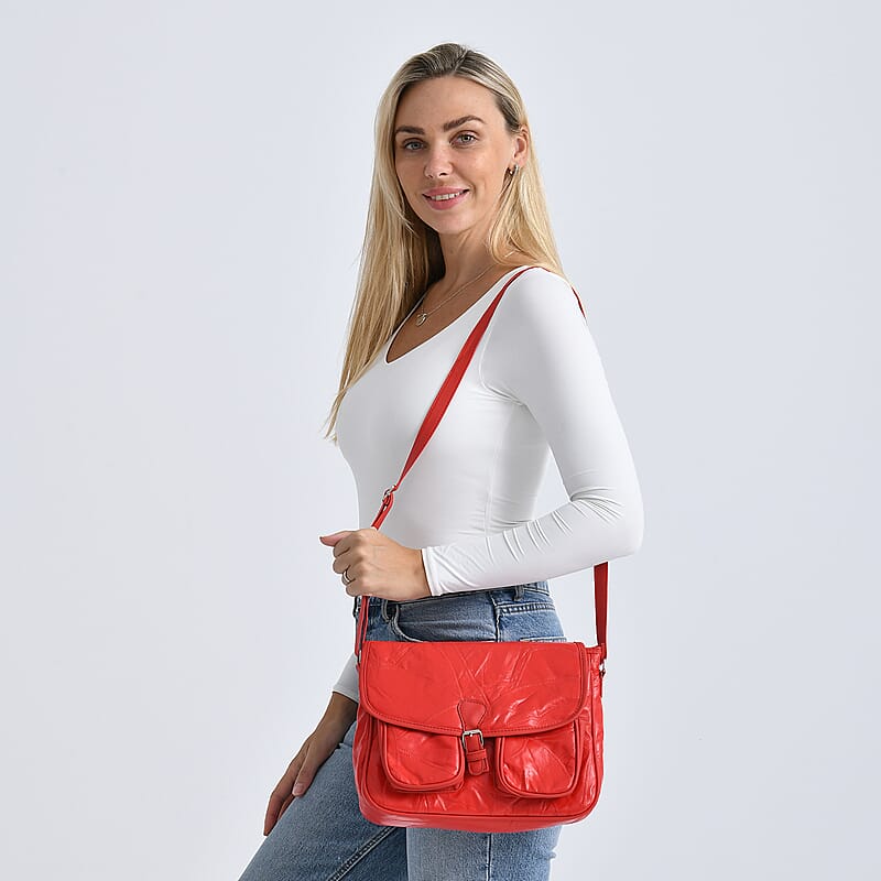 Red Patch Work Sheep Leather Crossbody Bag with Faux Leather Trim with Adjustable Shoulder Strap