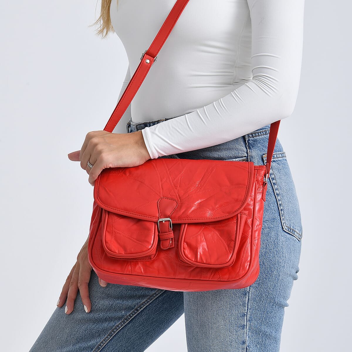 Red Patch Work Sheep Leather Crossbody Bag with Faux Leather Trim with Adjustable Shoulder Strap image number 3