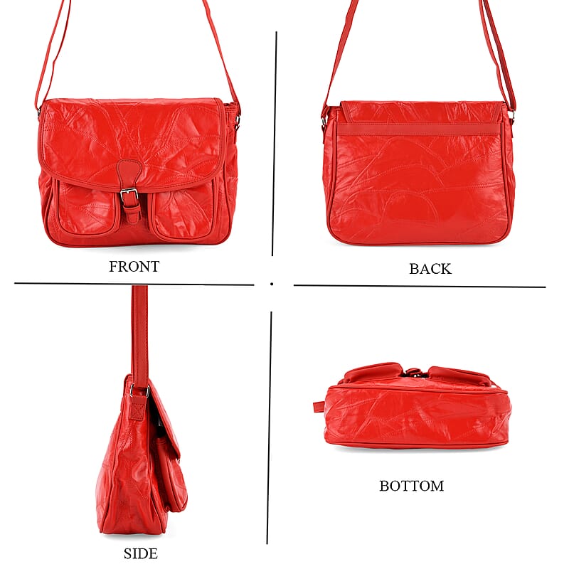 Red Patch Work Sheep Leather Crossbody Bag with Faux Leather Trim with Adjustable Shoulder Strap