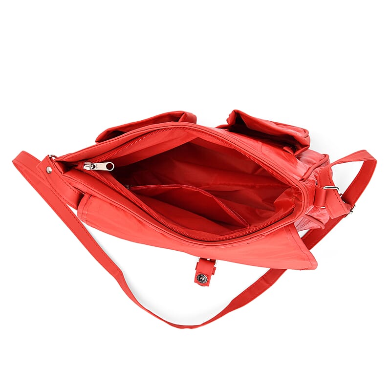 Red Patch Work Sheep Leather Crossbody Bag with Faux Leather Trim with Adjustable Shoulder Strap