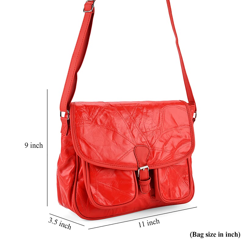 Red Patch Work Sheep Leather Crossbody Bag with Faux Leather Trim with Adjustable Shoulder Strap