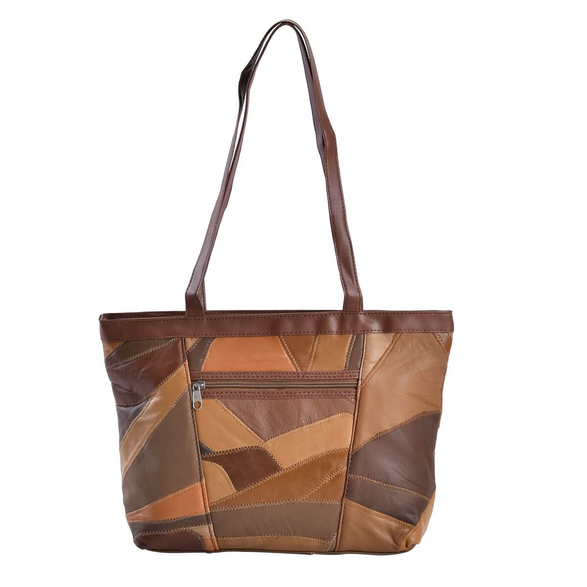 Multi Color Patch Work Genuine Sheep Leather Tote Bag (14.5"x10.2"x3.5") image number 0