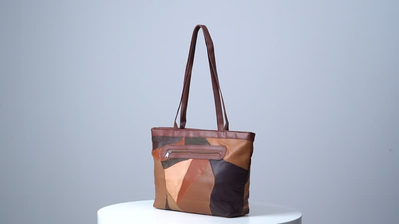 Multi Color Patch Work Genuine Sheep Leather Tote Bag (14.5"x10.2"x3.5")