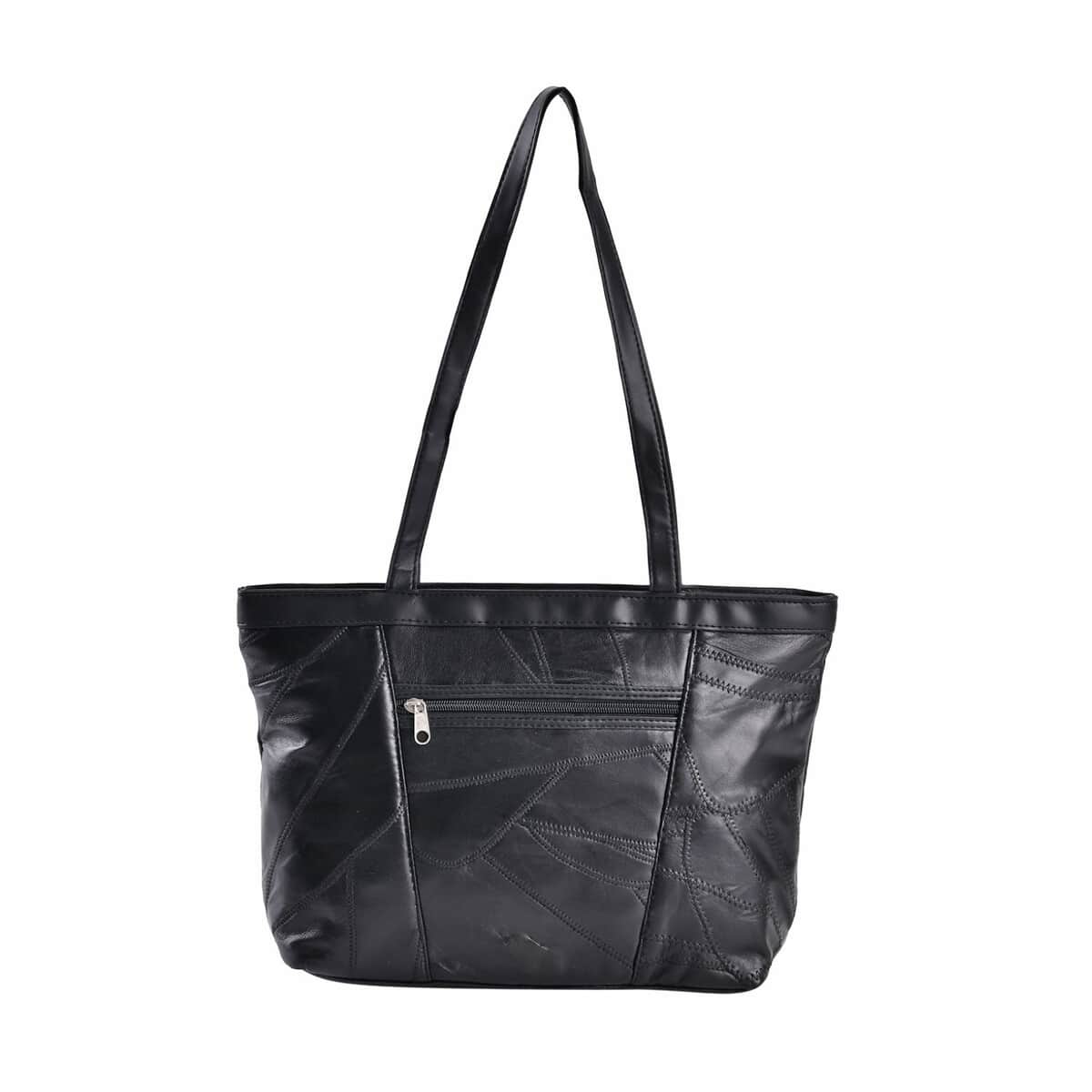 Black Patch Work Genuine Sheep Leather Tote Bag image number 0