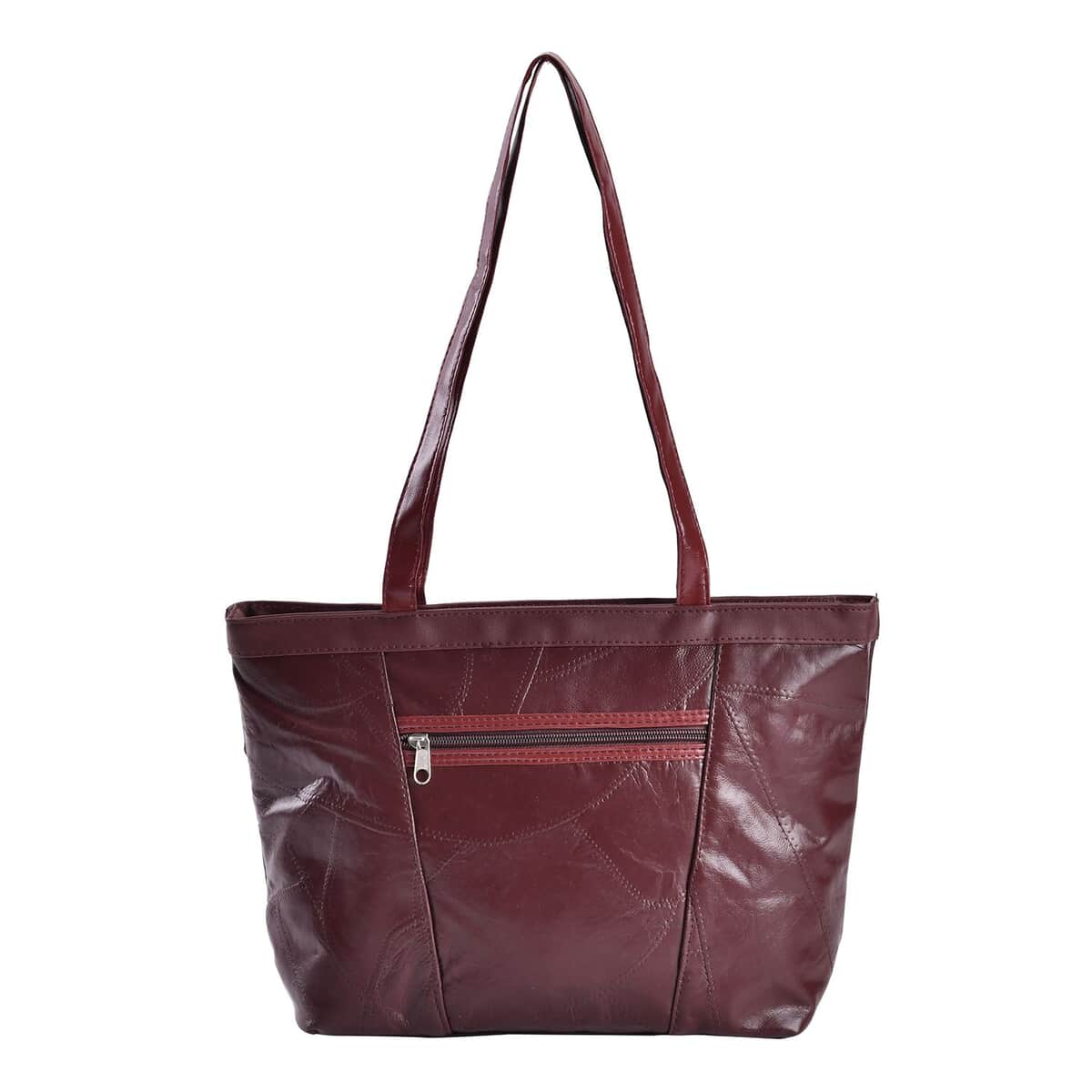 Burgundy Patch Work Genuine Sheep Leather Tote Bag image number 0