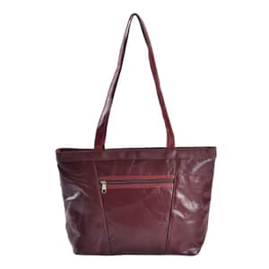 Burgundy Patch Work Genuine Sheep Leather Tote Bag