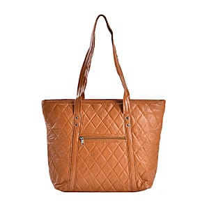 Cognac Burnt Orange Color Quilted Checker Pattern Genuine Leather Tote Bag
