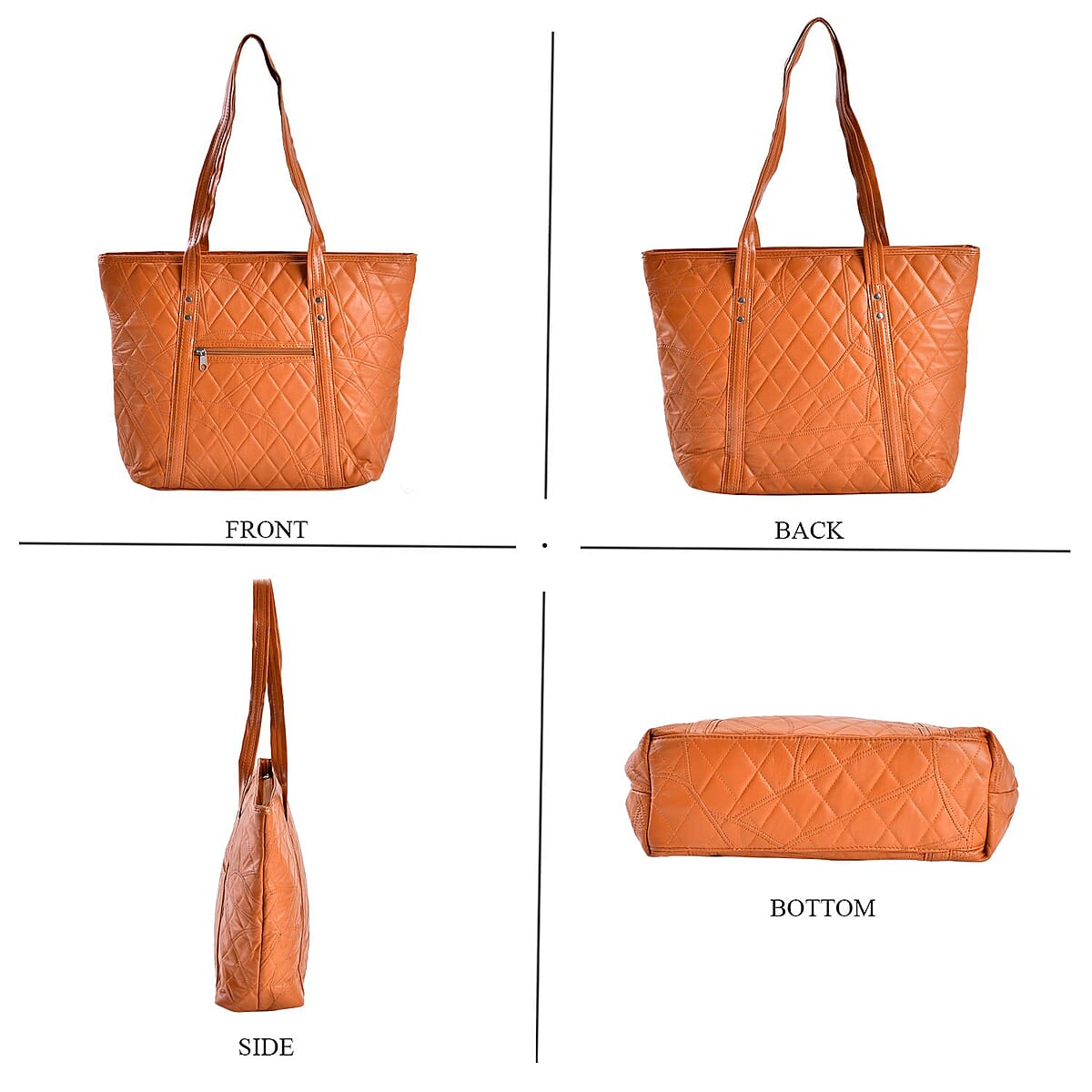 Cognac Burnt Orange Color Quilted Checker Pattern Genuine Leather Tote Bag image number 1