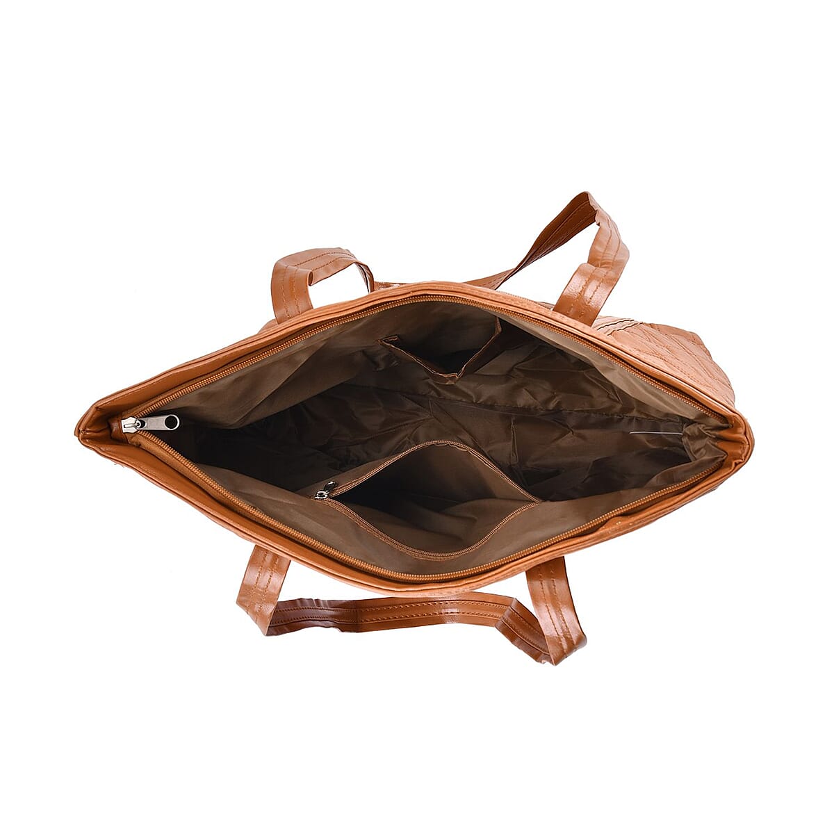 Cognac Burnt Orange Color Quilted Checker Pattern Genuine Leather Tote Bag image number 2