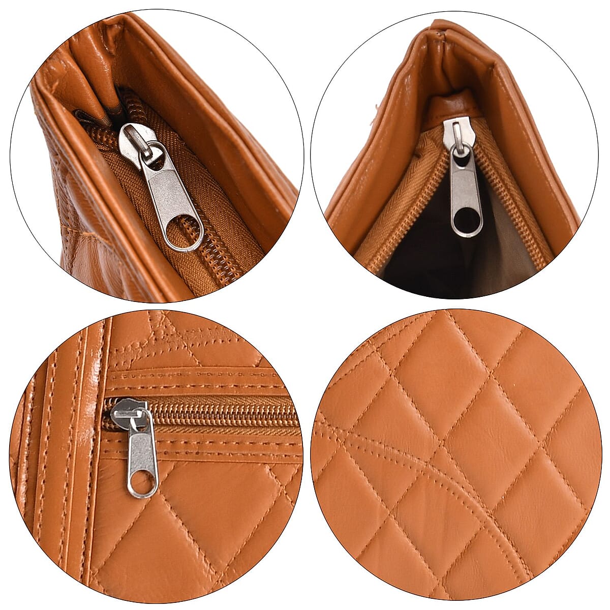 Cognac Burnt Orange Color Quilted Checker Pattern Genuine Leather Tote Bag image number 3