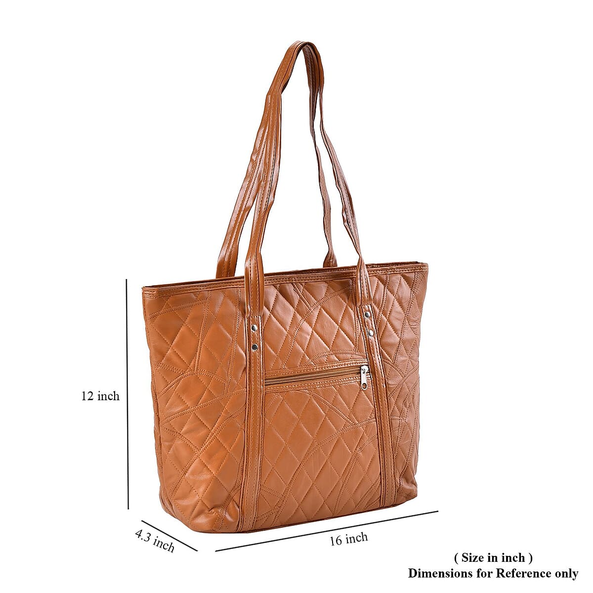 Cognac Burnt Orange Color Quilted Checker Pattern Genuine Leather Tote Bag image number 4