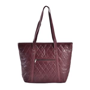 Burgundy Quilted Checker Pattern Genuine Leather Tote Bag