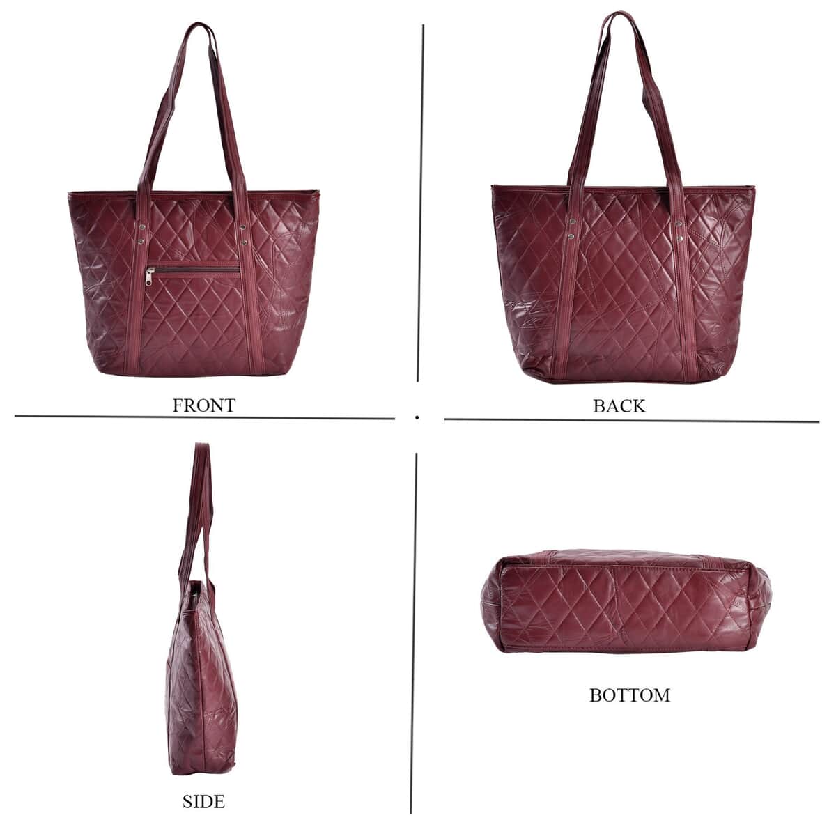 Burgundy Quilted Checker Pattern Genuine Leather Tote Bag image number 1