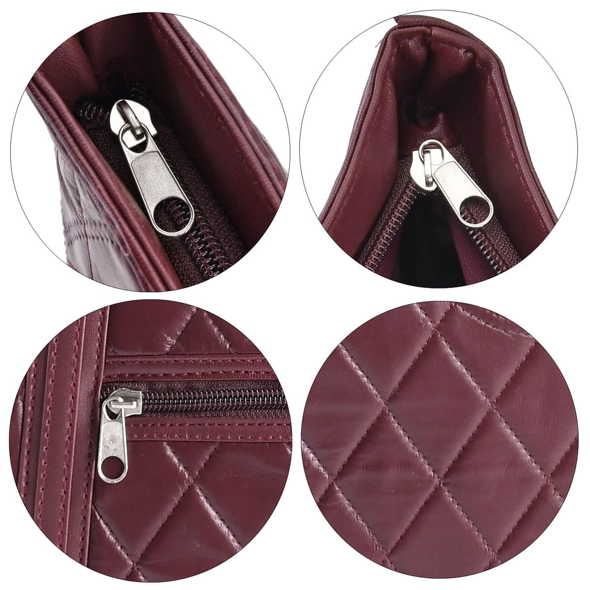 Burgundy Quilted Checker Pattern Genuine Leather Tote Bag image number 3