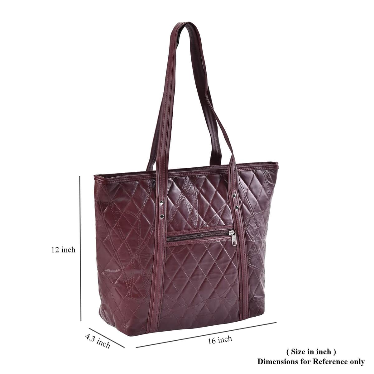 Burgundy Quilted Checker Pattern Genuine Leather Tote Bag image number 4