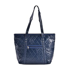 Blue Quilted Checker Pattern Genuine Leather Tote Bag