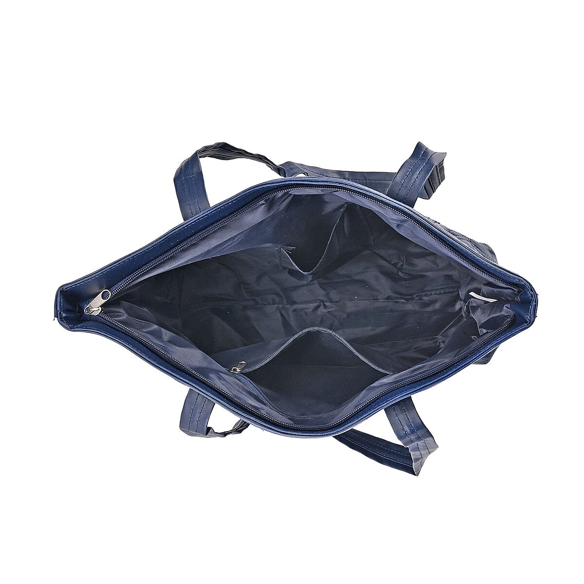 Blue Quilted Checker Pattern Genuine Leather Tote Bag image number 2