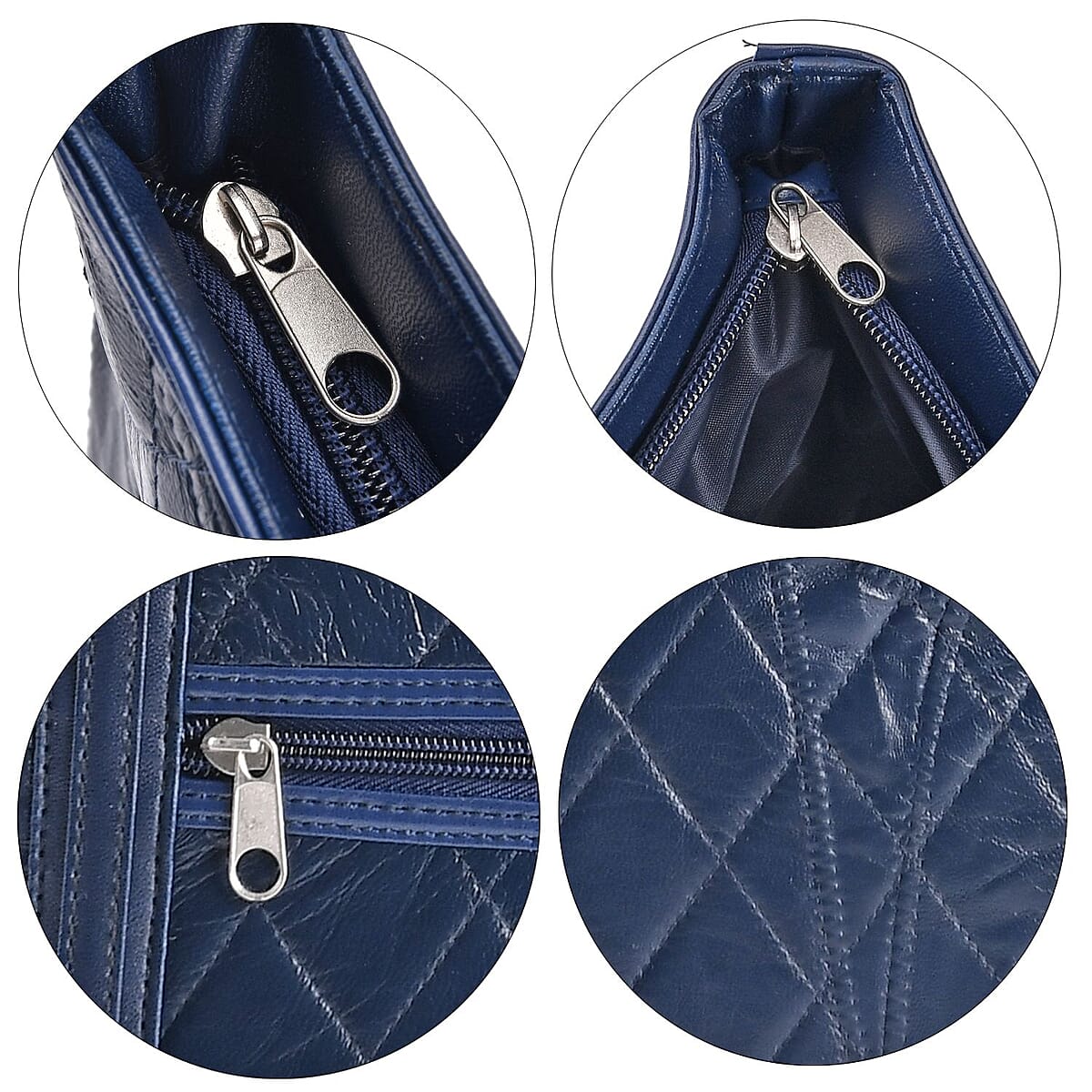 Blue Quilted Checker Pattern Genuine Leather Tote Bag image number 3
